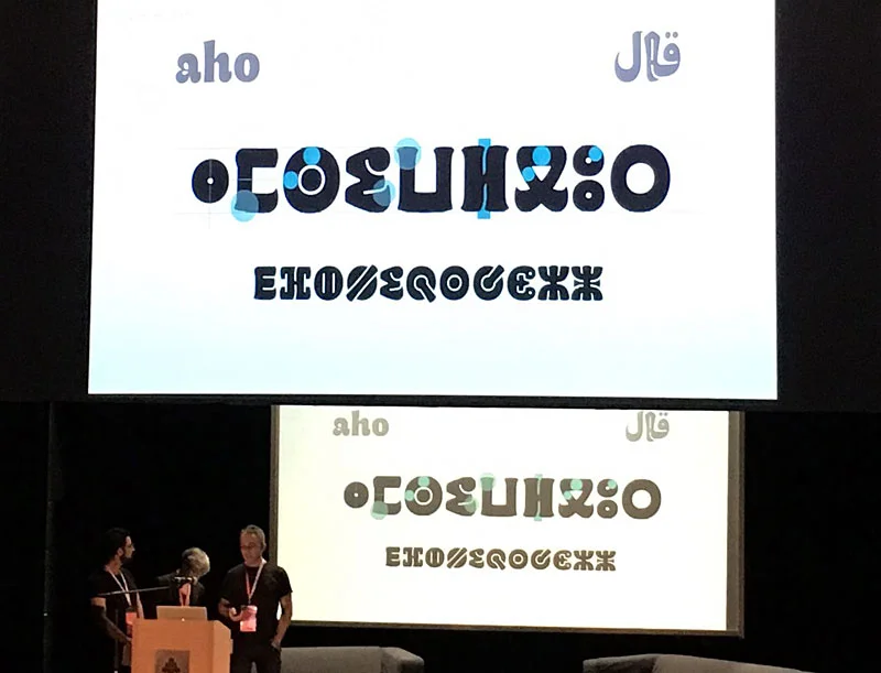 Juan Luis Blanco, Laura Meseguer, and Kristyan Sarkis presenting the Maghribi Trialogue at ATypI 2016 Warsaw.