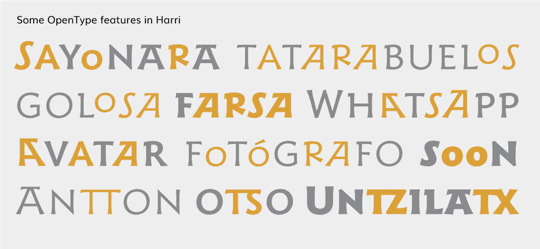 Examples of OpenType features based on he Basque lettering style