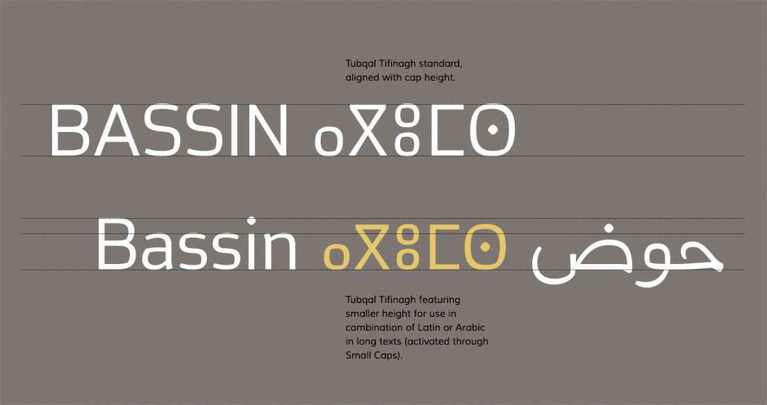 Tubqal Tifinagh has a set of smaller glyphs for a better matching when used along Latin and Arabic